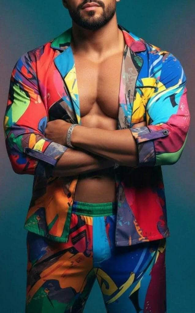 Vibrant Abstract Satin Pajama Set - Luxury All-Over Print Loungewear for Bold Sleepwear