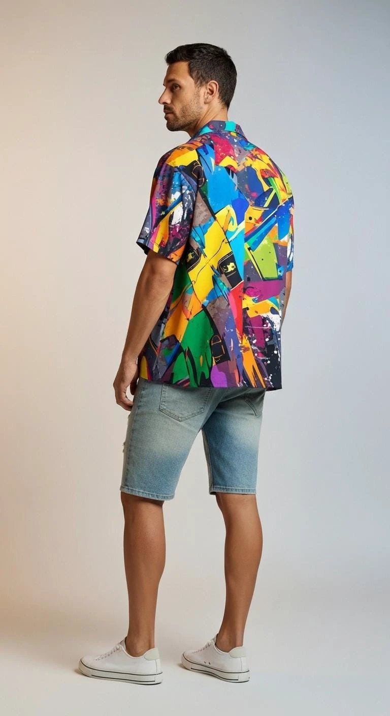 Trippy Tropics Vaporwave Hawaiian Shirt - Vibrational Vector AOP Button-Up for Cyber-Vacation & Festivals