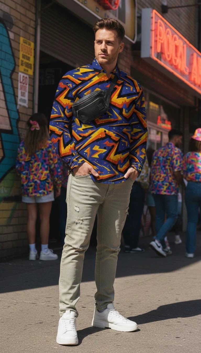 Geometric Glitch Art Button-Down for 90s Arcade Maximalists — AOP Glitchcore Short Sleeve Shirt, Bold Pixel Streetwear Statement