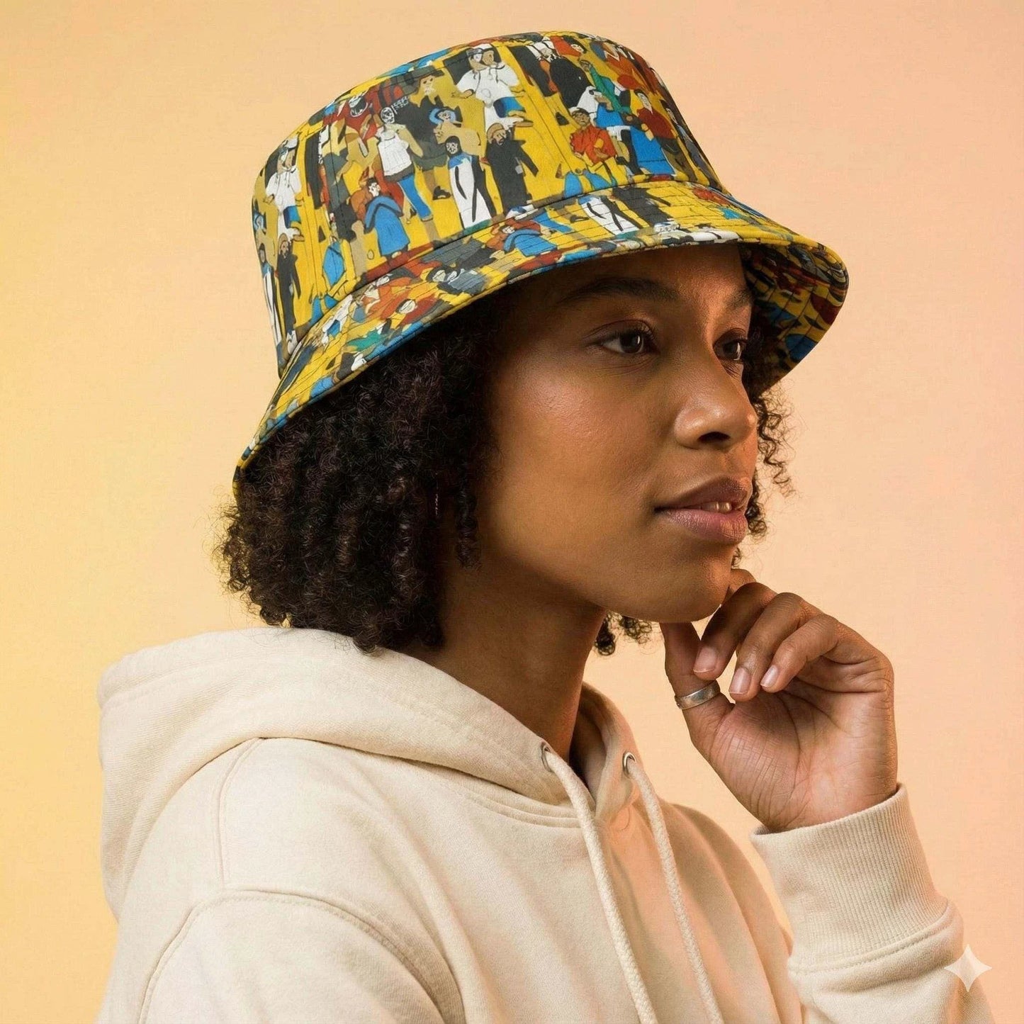 Crowd Theory Illustrated Bucket Hat for Urban Maximalists — Dyles Mavis AOP Where's-Waldo Collage, Bold Yellow Festival Headwear, Made in USA