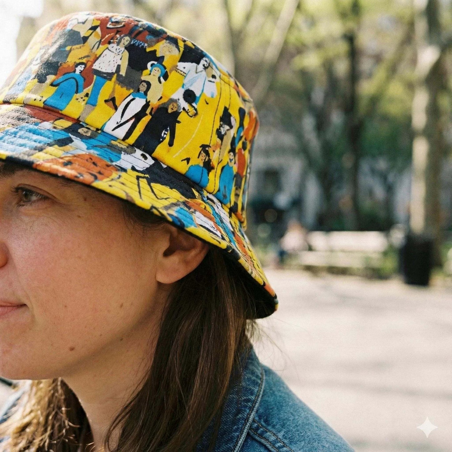 Crowd Theory Illustrated Bucket Hat for Urban Maximalists — Dyles Mavis AOP Where's-Waldo Collage, Bold Yellow Festival Headwear, Made in USA