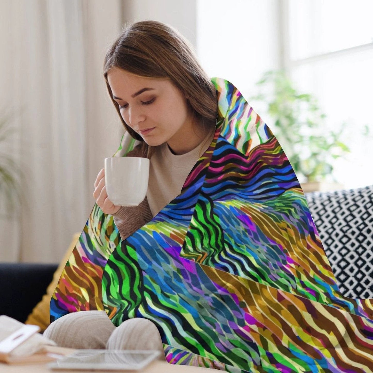 Lightning Complex AOP Vintage Flannel Blanket 50"×60" | Psychedelic Ribbon-Wave Maximalist Throw (250gsm)