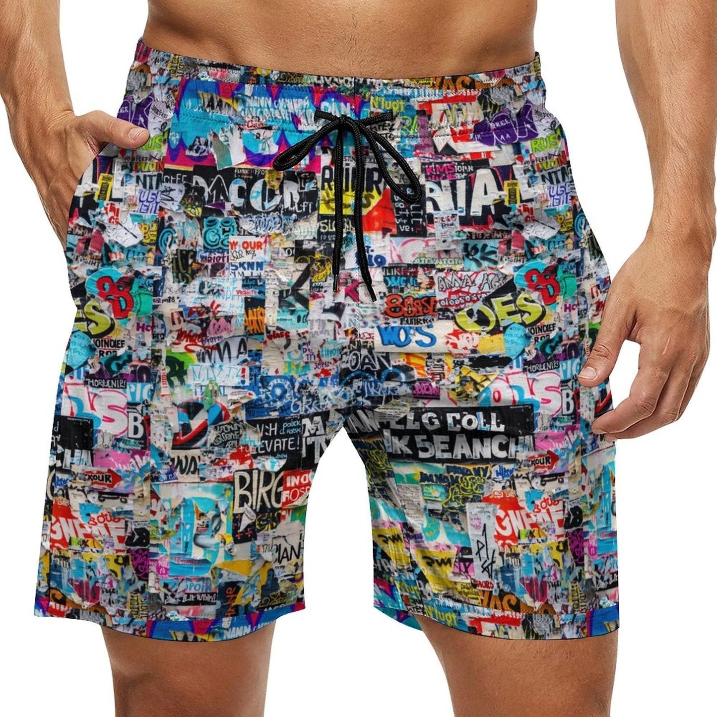 Sticker Bomb Board Shorts — Street Collage AOP Swim Trunks for Loud Beach Days