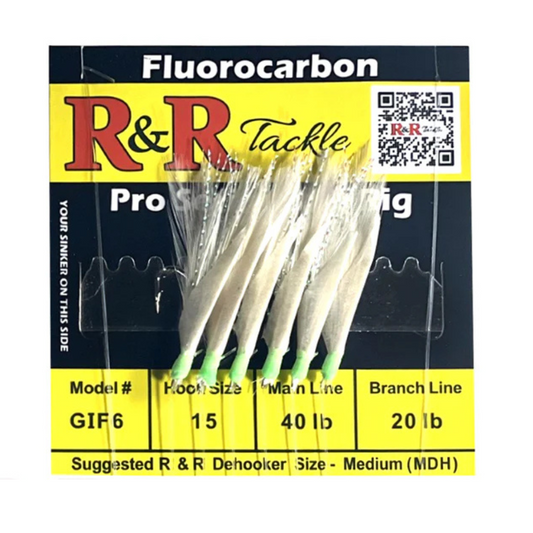 R&R GIF6 Fluorocarbon Bait Rig- Size 6 White Feather/Green Head (6 count)