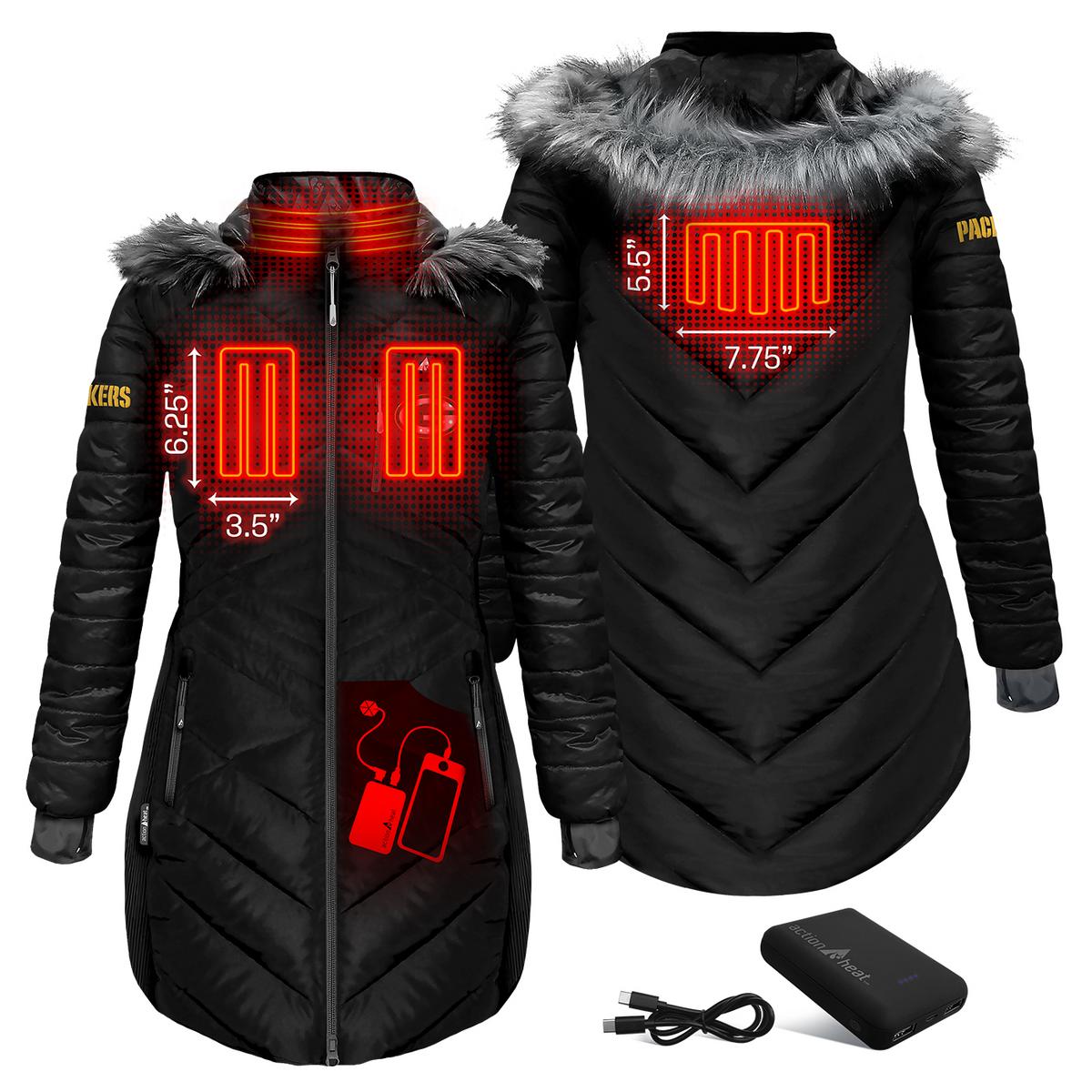 ActionHeat Green Bay Packers 5V Women's Long Puffer Battery Heated Jacket