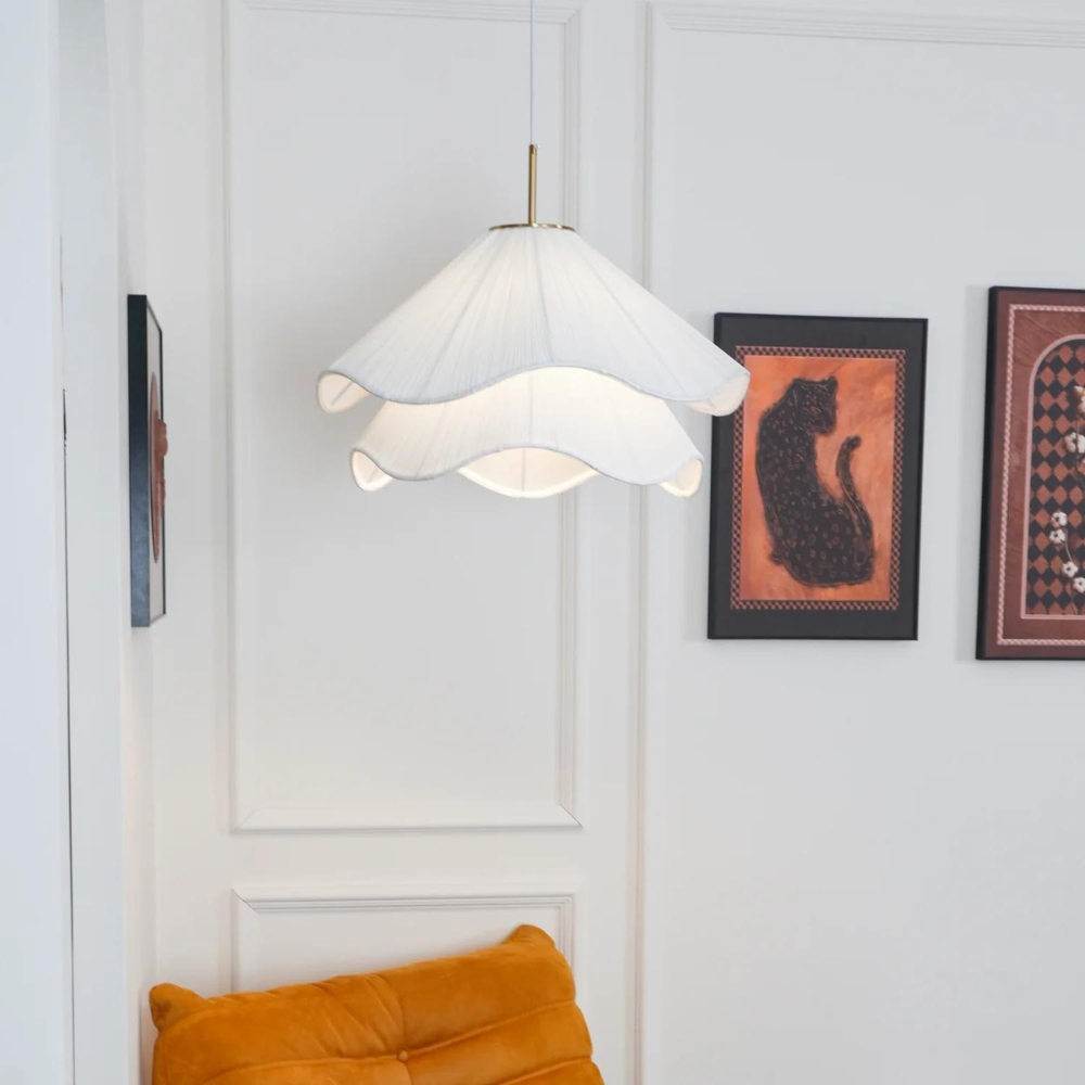 White Japandi Fabric pendant lights LED Light With Wavy Shade