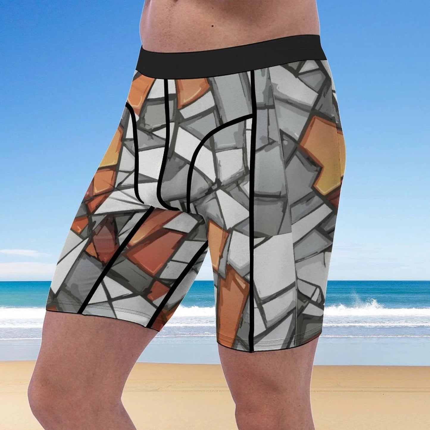 Shattered Mosaic Compression Shorts — Stone & Amber Fragment AOP Base Layer for Bold Training