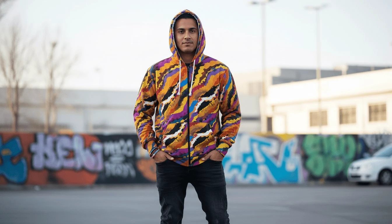 Crisp Burn Painted Strata Zip Hoodie for Desert Rave Dressers — Sunset Wave AOP Brushed Fleece, Burnt Amber Magenta Electric Blue