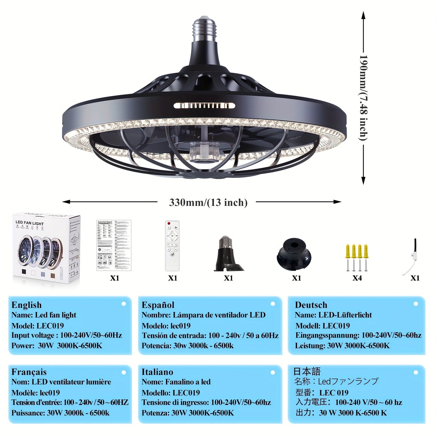 Ceiling Fan with Light & Remote, E26/E27 Base, 3 Speeds – TJR9T3W