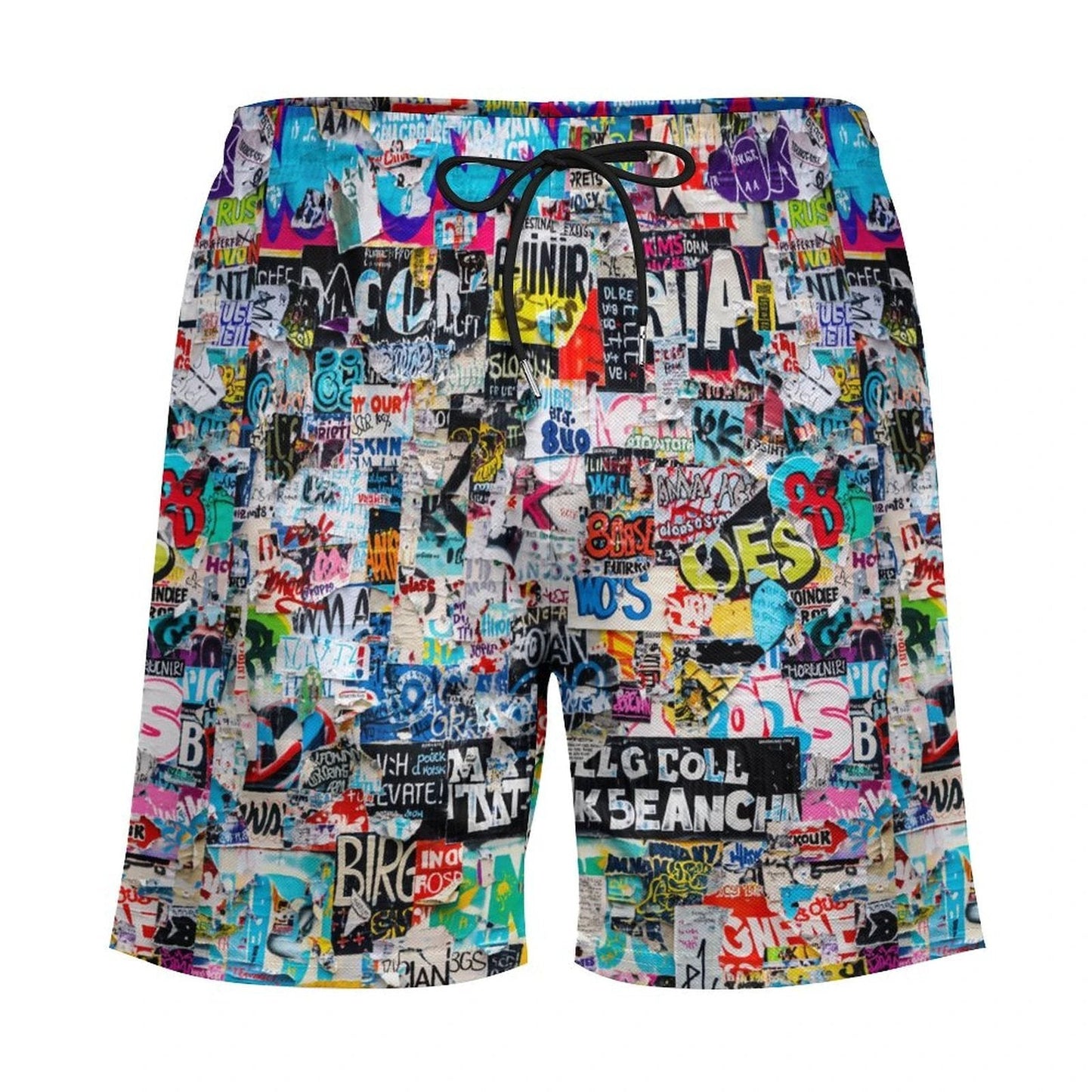 Sticker Bomb Beach Shorts with 4 Pockets — Street Collage AOP Swim-Ready Summer Shorts