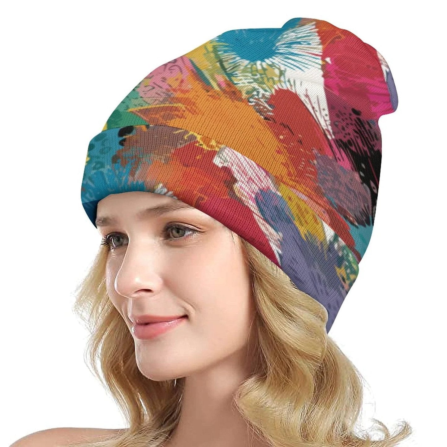 Paint Smear Knit Beanie — Crimson & Teal Brushstroke AOP Winter Hat, Loud Cold-Weather Accessory