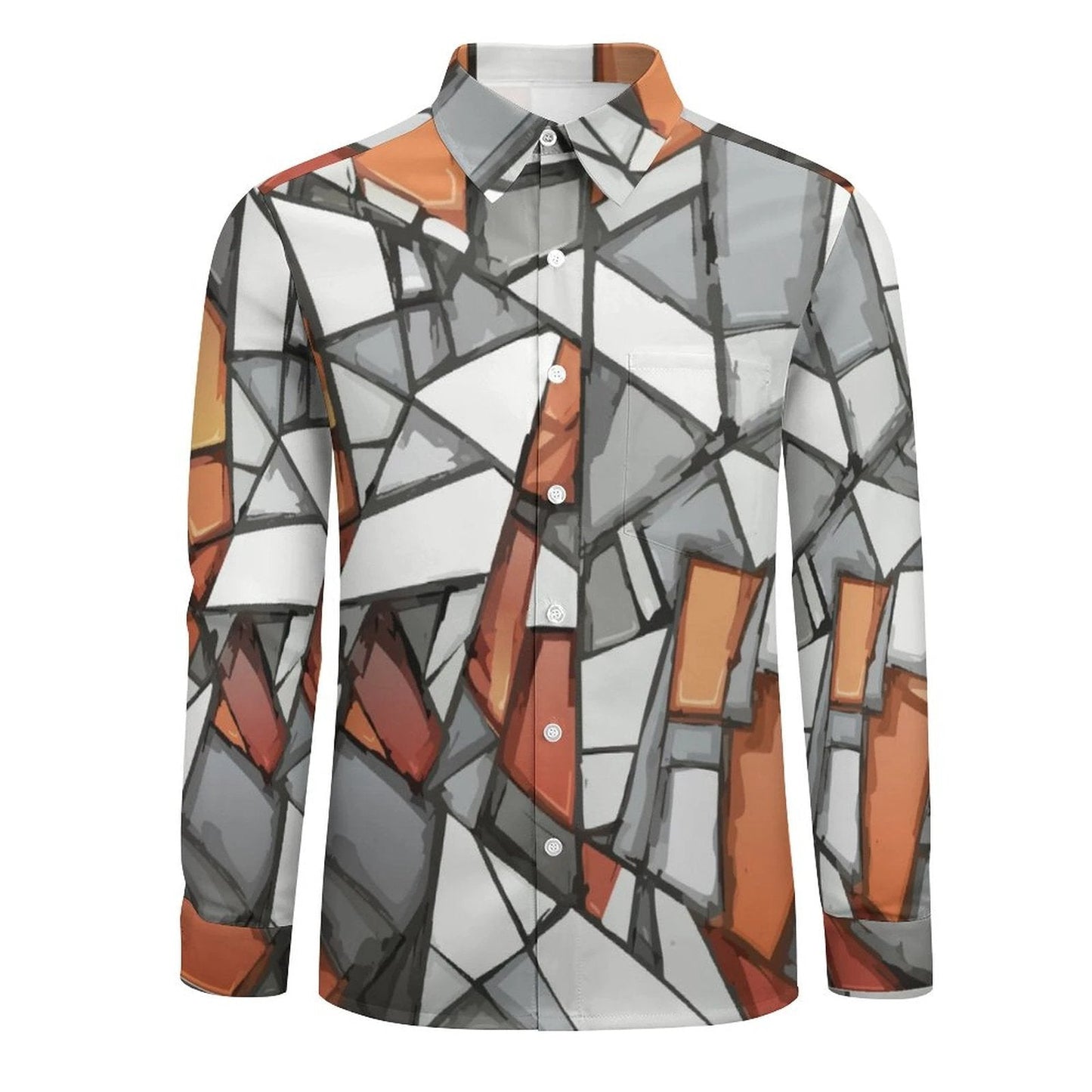 Shattered Mosaic Faux Linen Shirt — Stone & Amber Stained-Glass AOP Long Sleeve with Pocket