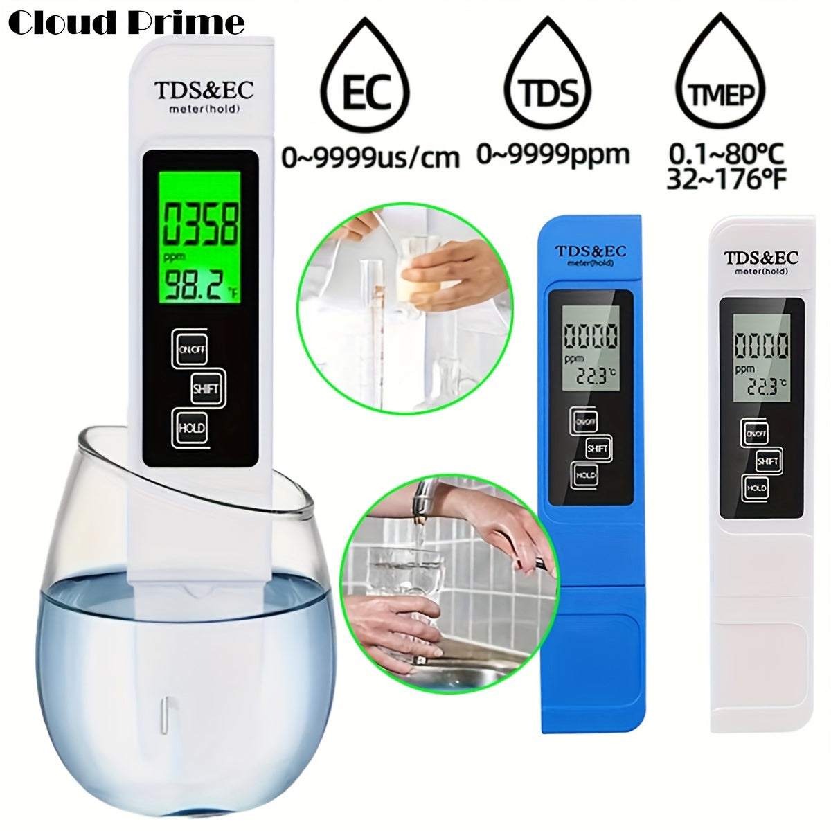 Cloud Prime 3-in-1 Digital Water Quality Tester Pen TJR8M9T