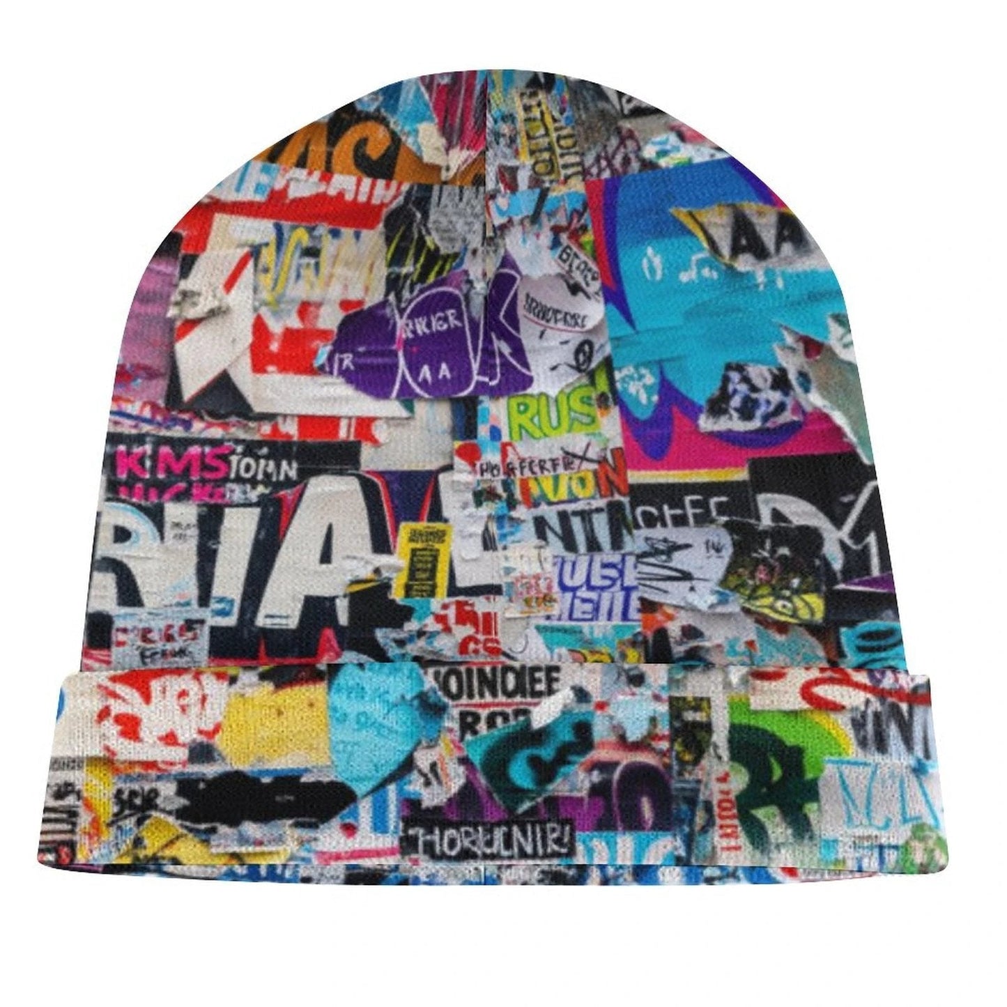 Tag Collage AOP Knit Beanie – All-Over Print, One Size