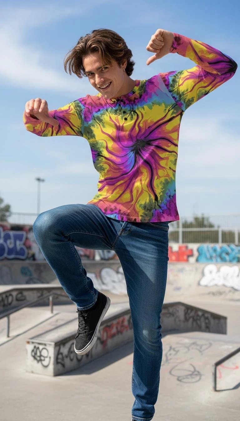 Cyber-Marble Liquid Glitch Long Sleeve Henley — Maximalist AOP Streetwear Top, 280gsm Polyester-Spandex, Glitchcore Digital Marble Print