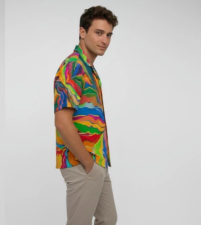 Psychedelic Swirl Camp Shirt - Vibrant Maximalist Hawaiian Shirt for Summer Festivals