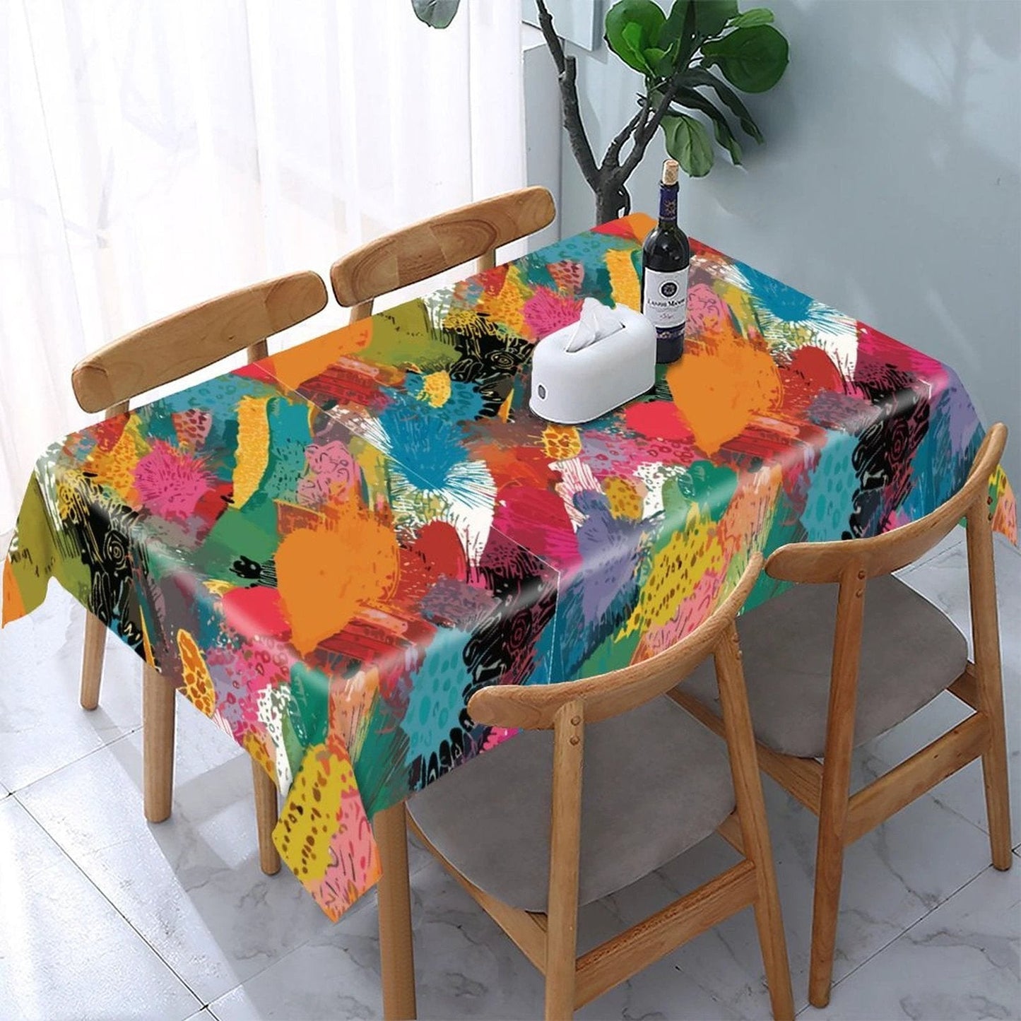 Painted Camo Tablecloth — Warm Multicolor Brush-Dab AOP Rectangular Table Cover, Maximalist Dining Decor