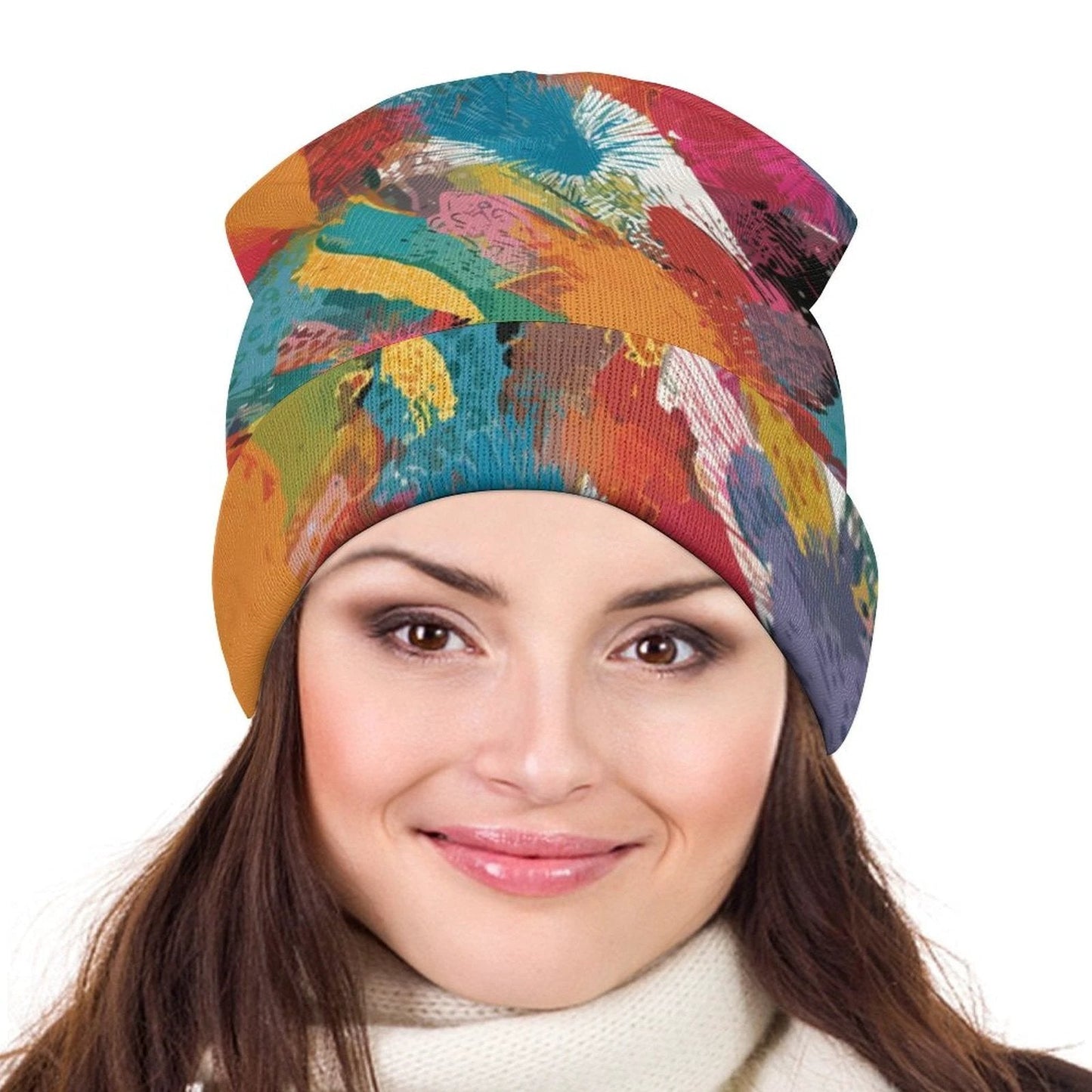 Paint Smear Knit Beanie — Crimson & Teal Brushstroke AOP Winter Hat, Loud Cold-Weather Accessory