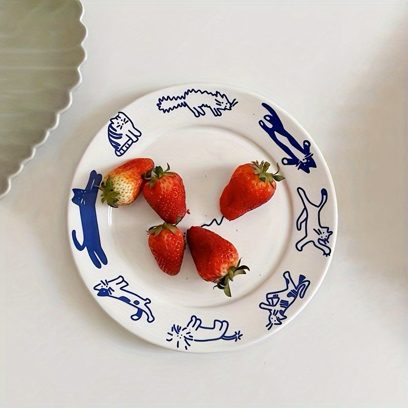Vintage Cute Kitten Puppy Blue Breakfast Ceramic Plate - DO2K