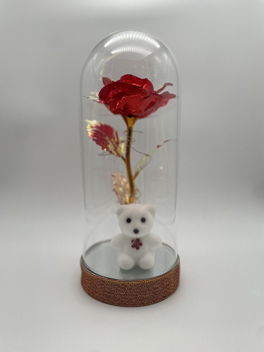 Beauty and the Beast Zijde Roos in Glas Stolp Rose Kunstroos Valentijn - Cadeau voor Vrouw - Vriendin - Mama - Oma - Valentijnsdag - Belle en het Beest - Glazen - Multicolor - 22CM