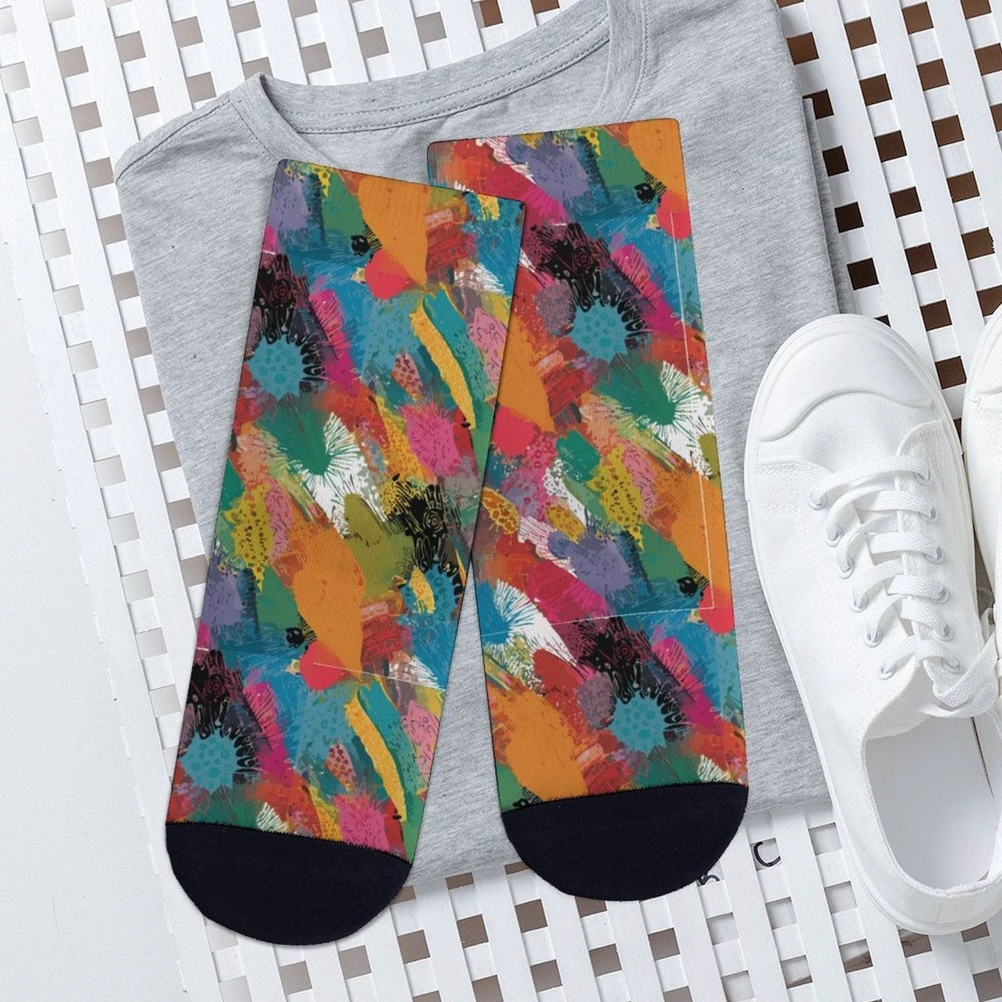 Painted Camo Striped Stockings — Multicolor Brush-Dab Knee Socks, Loud Sock Game