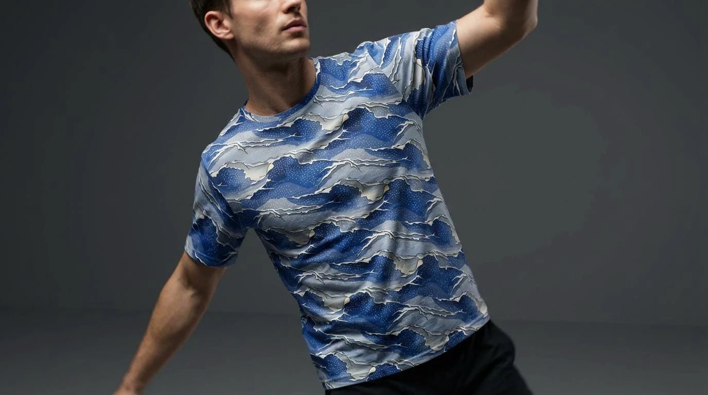 Seigaiha Wave AOP T-Shirt | Blue Geometric Pattern 140g
