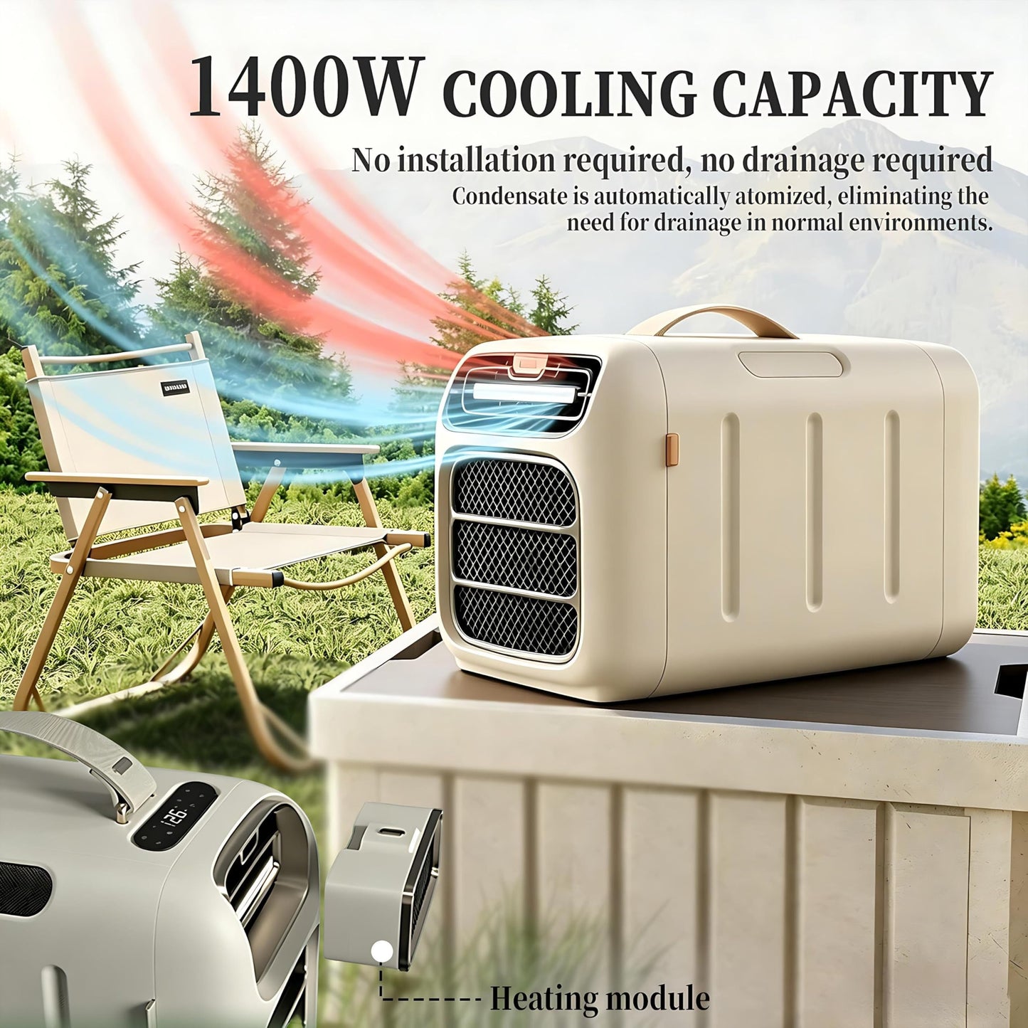 Portable camping AC unit, adjustable 16–32°C, 3 fan speeds, for tents, RVs & trucks
