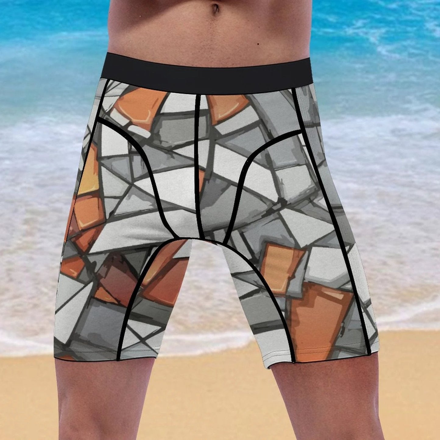 Shattered Mosaic Compression Shorts — Stone & Amber Fragment AOP Base Layer for Bold Training