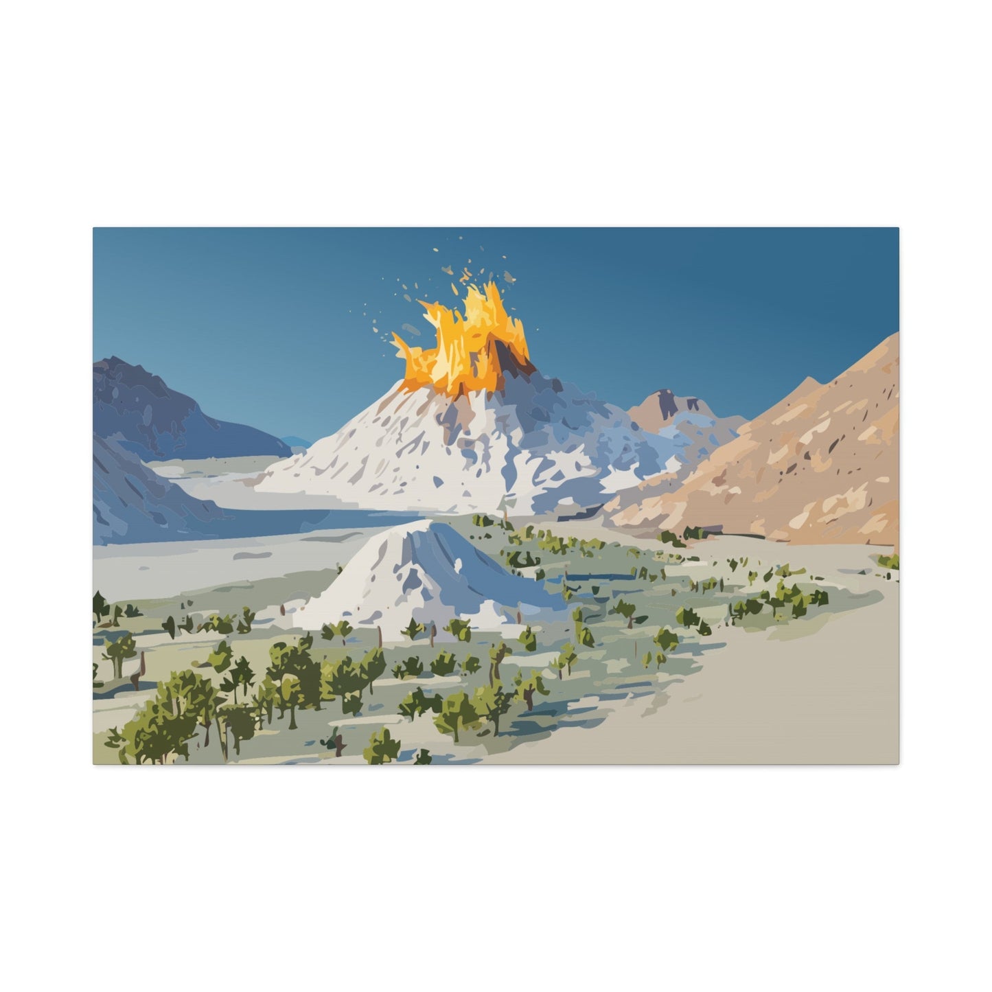 Tropical Volcano Eruption Canvas Wall Art | Stylized National-Park Vector Print on FSC-Certified Stretched Matte Canvas — Mystery Island Decor