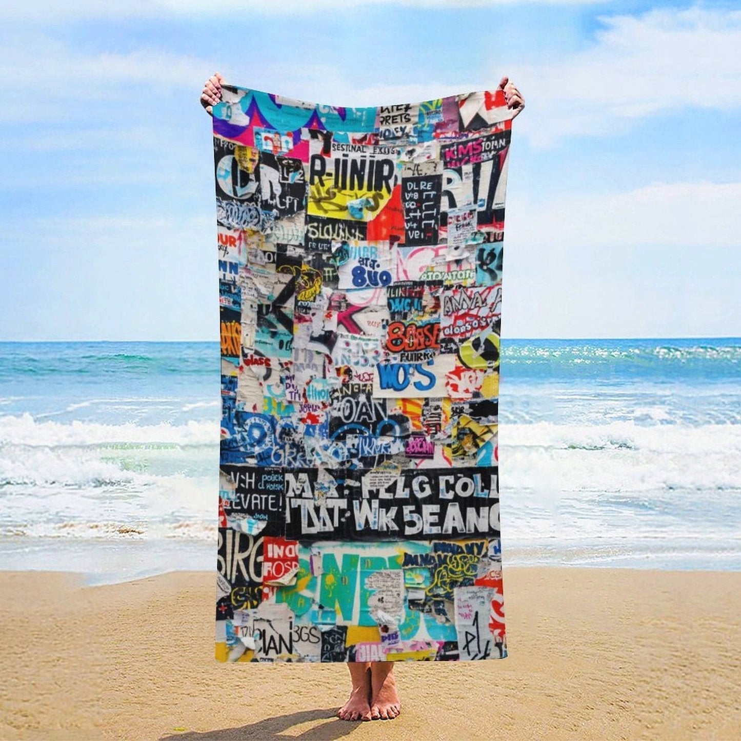 StreetsmART Sticker Bomb AOP Microfiber Beach Towel | 61"×30" Oversized Quick-Dry Festival Pool Towel — Urban Collage Maximalist Sublimation Print