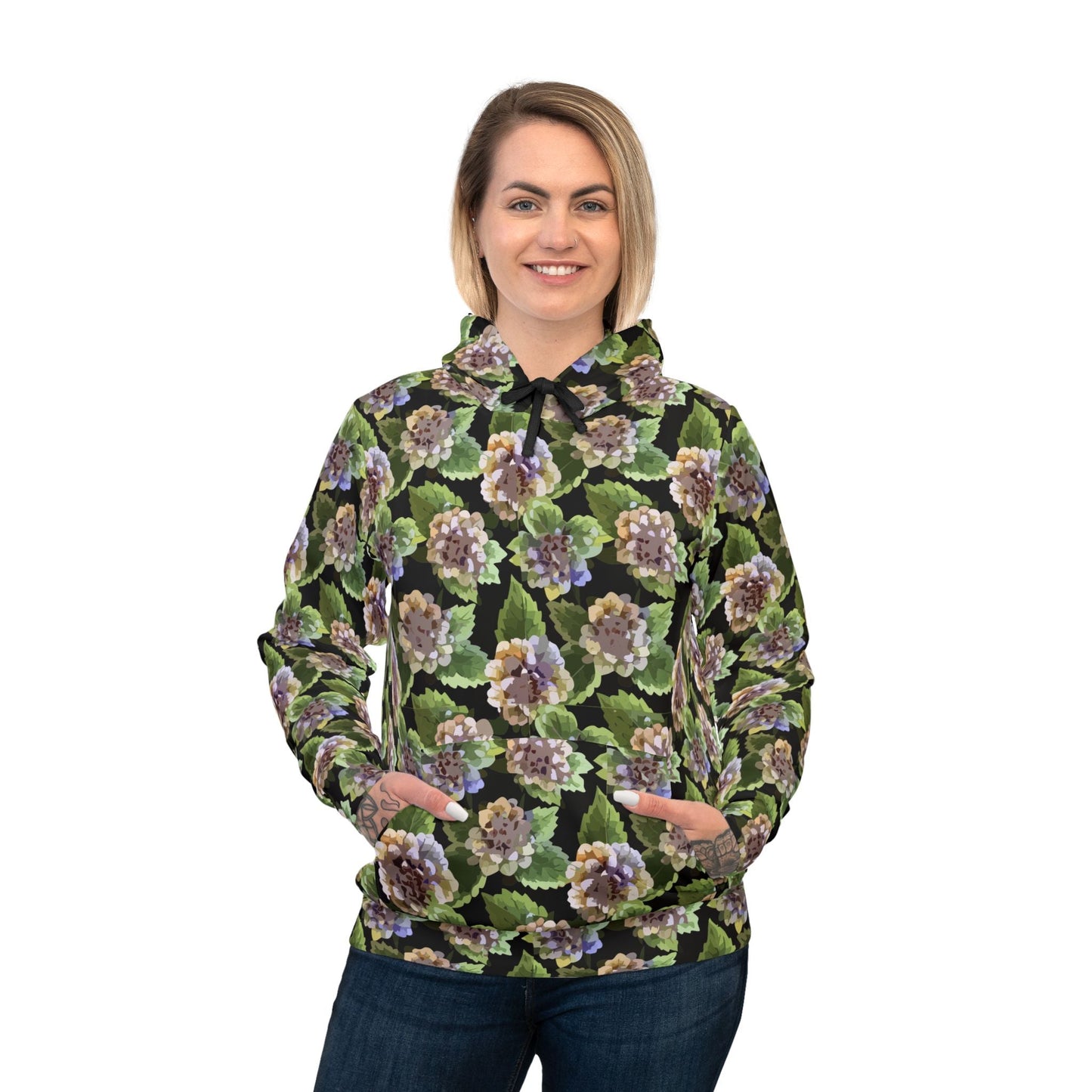 Floral Print Athletic Hoodie for Nature-Forward Fitness Dressers — 95% Recycled Polyester AOP, Adjustable Hood, Gym-to-Street Nature Statement