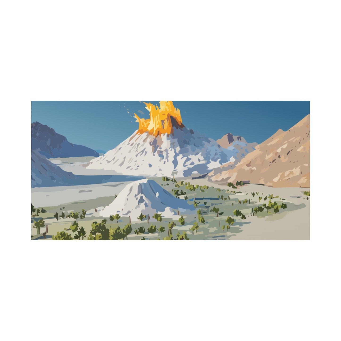 Tropical Volcano Eruption Canvas Wall Art | Stylized National-Park Vector Print on FSC-Certified Stretched Matte Canvas — Mystery Island Decor