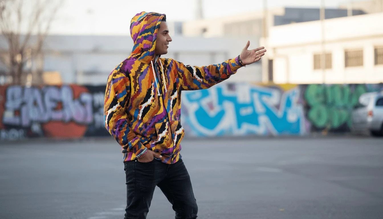 Crisp Burn Painted Strata Zip Hoodie for Desert Rave Dressers — Sunset Wave AOP Brushed Fleece, Burnt Amber Magenta Electric Blue