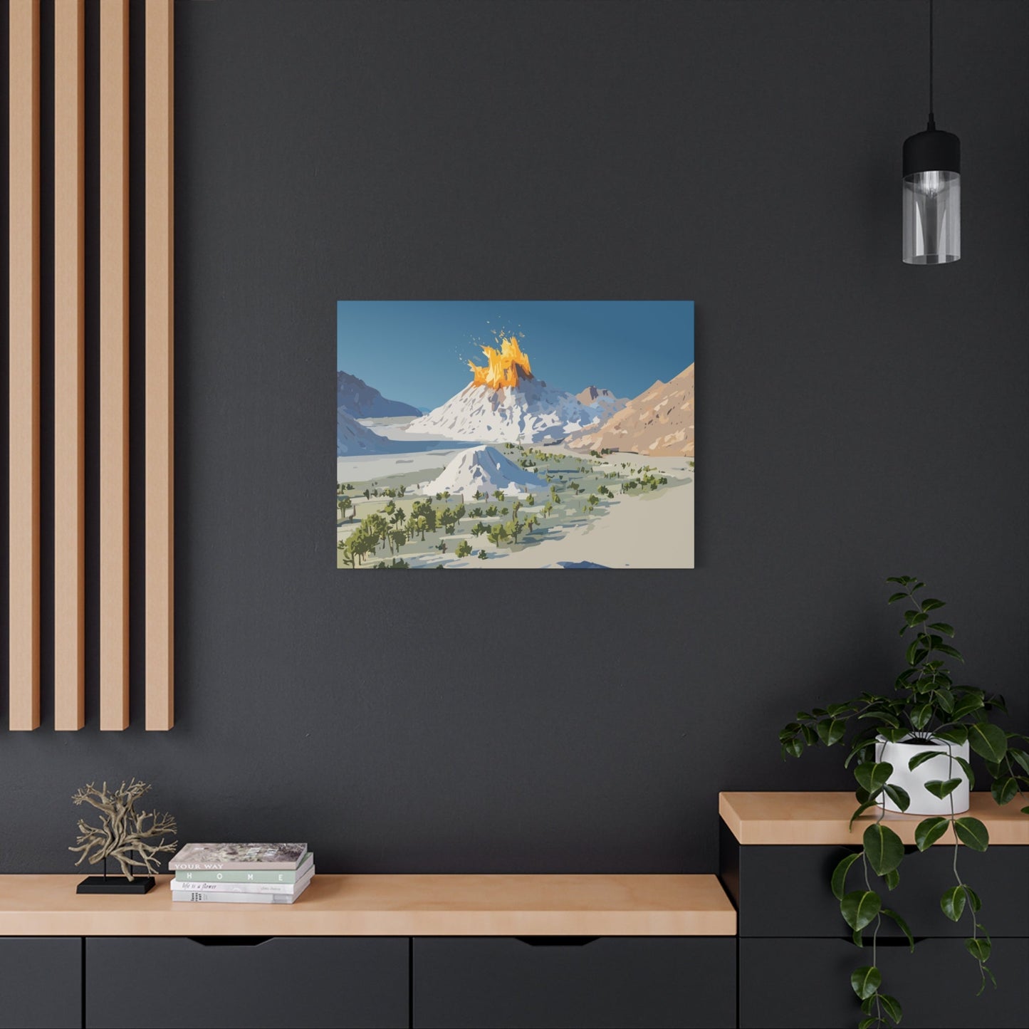 Tropical Volcano Eruption Canvas Wall Art | Stylized National-Park Vector Print on FSC-Certified Stretched Matte Canvas — Mystery Island Decor