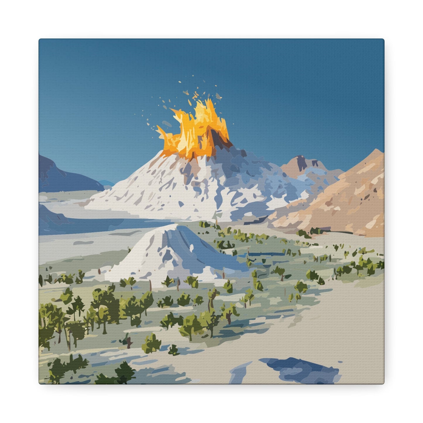 Tropical Volcano Eruption Canvas Wall Art | Stylized National-Park Vector Print on FSC-Certified Stretched Matte Canvas — Mystery Island Decor