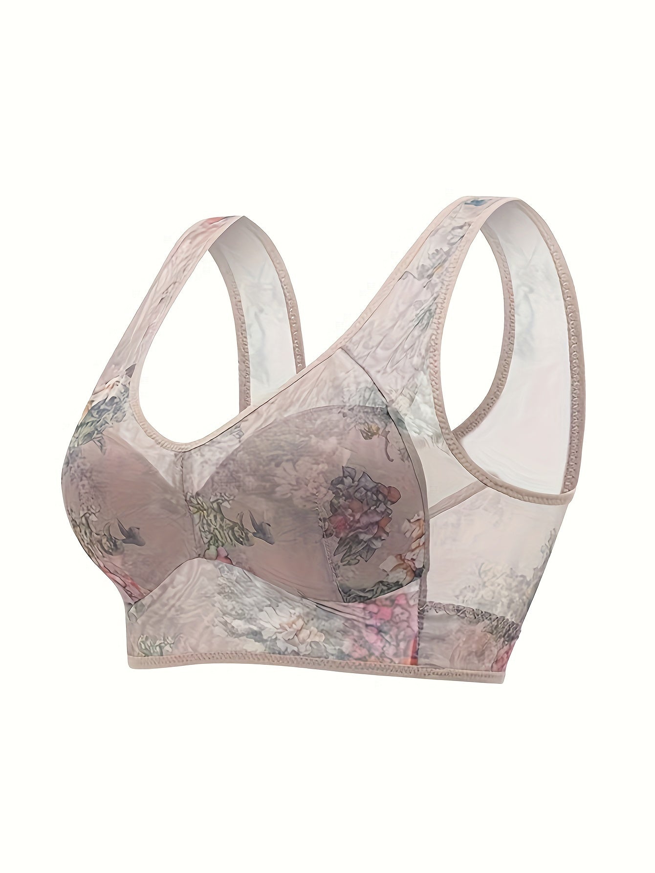 Elegant Floral Print Wireless Bralette, Sheer Back TJR3P9X