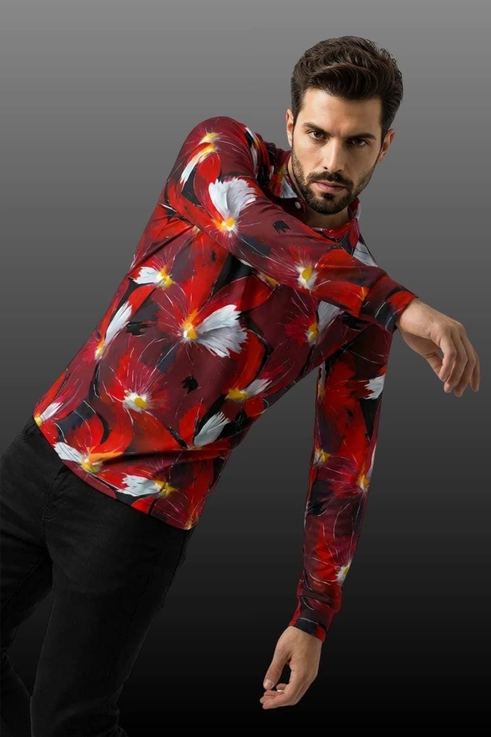 Artsy Floral AOP Men's Long Sleeve Polo | 220gsm Painterly Botanical Print Polished Maximalist Workwear for Hospitality