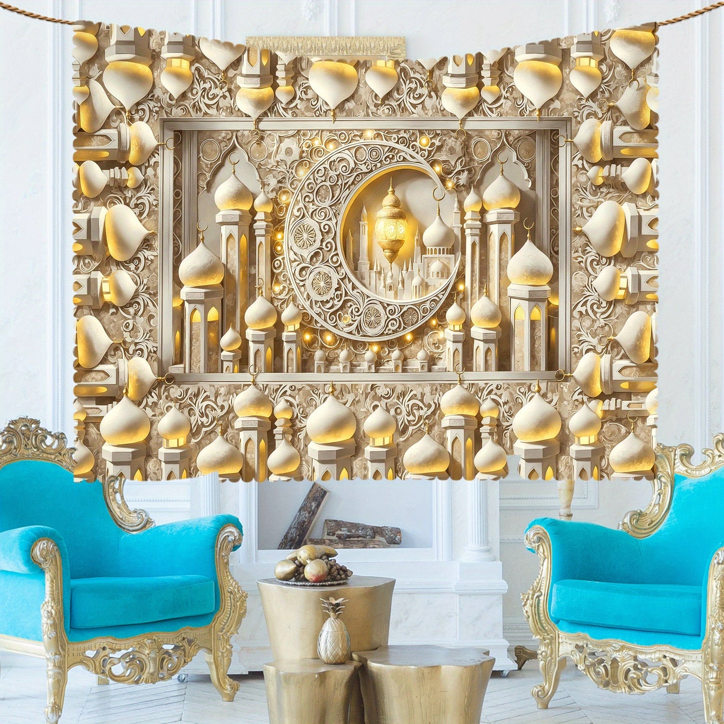 Elegant White Moon & Islamic Architecture Tablecloth TJR9M6D