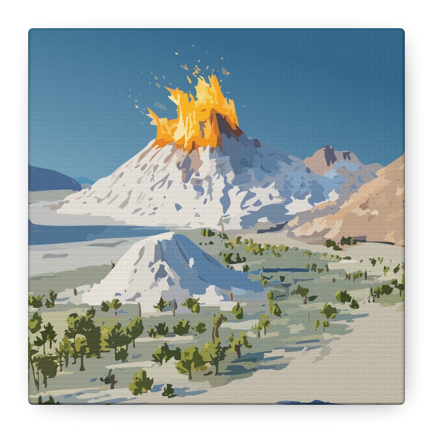 Tropical Volcano Eruption Canvas Wall Art | Stylized National-Park Vector Print on FSC-Certified Stretched Matte Canvas — Mystery Island Decor