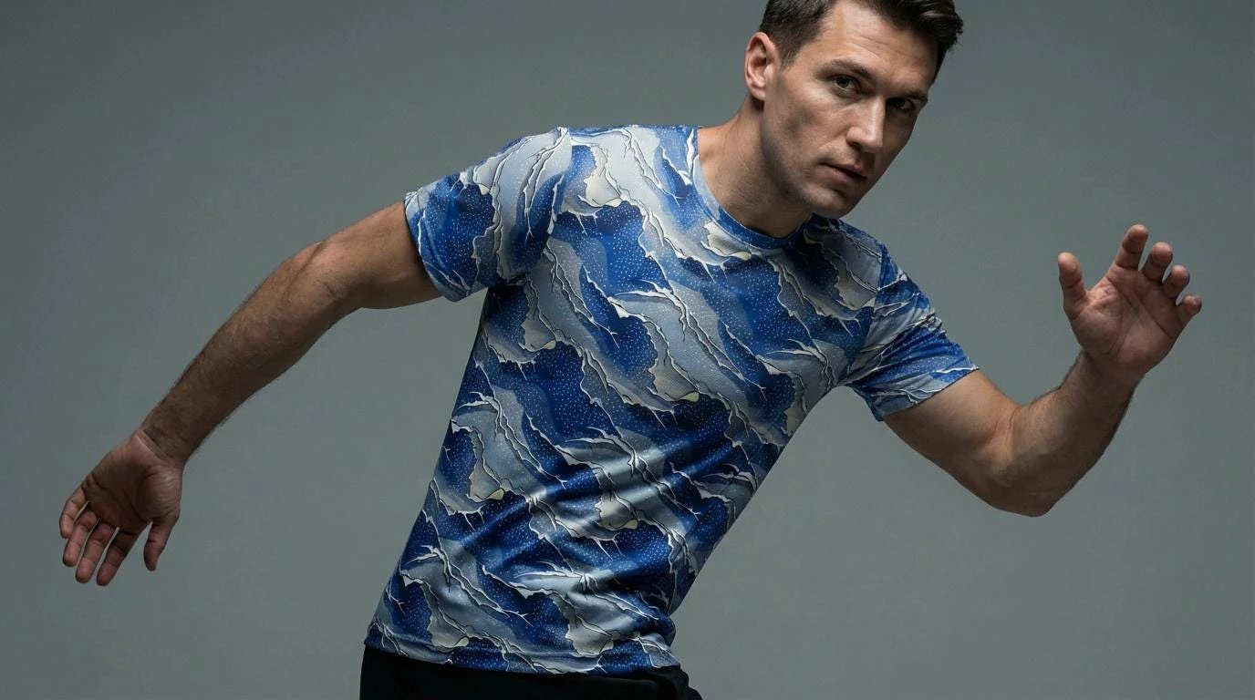 Seigaiha Wave AOP T-Shirt | Blue Geometric Pattern 140g