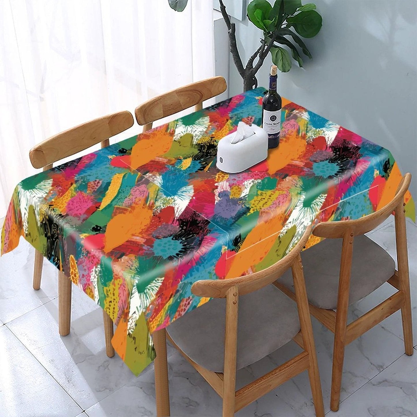 Painted Camo Tablecloth — Warm Multicolor Brush-Dab AOP Rectangular Table Cover, Maximalist Dining Decor
