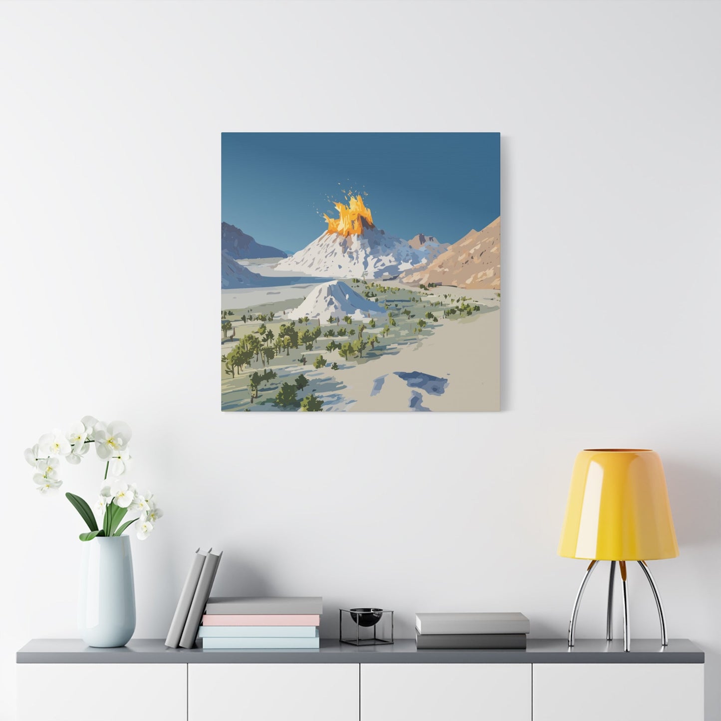 Tropical Volcano Eruption Canvas Wall Art | Stylized National-Park Vector Print on FSC-Certified Stretched Matte Canvas — Mystery Island Decor