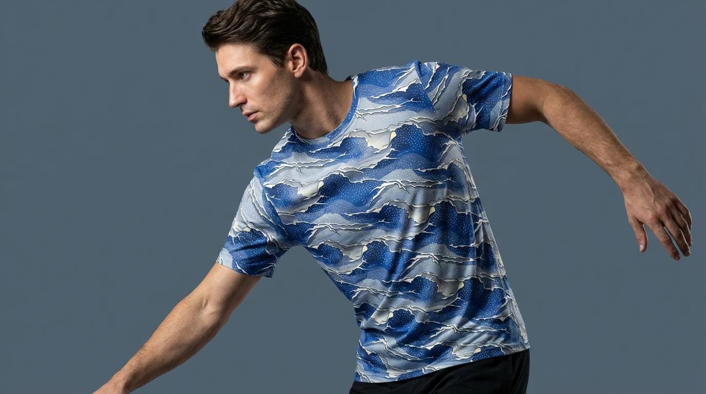 Seigaiha Wave AOP T-Shirt | Blue Geometric Pattern 140g