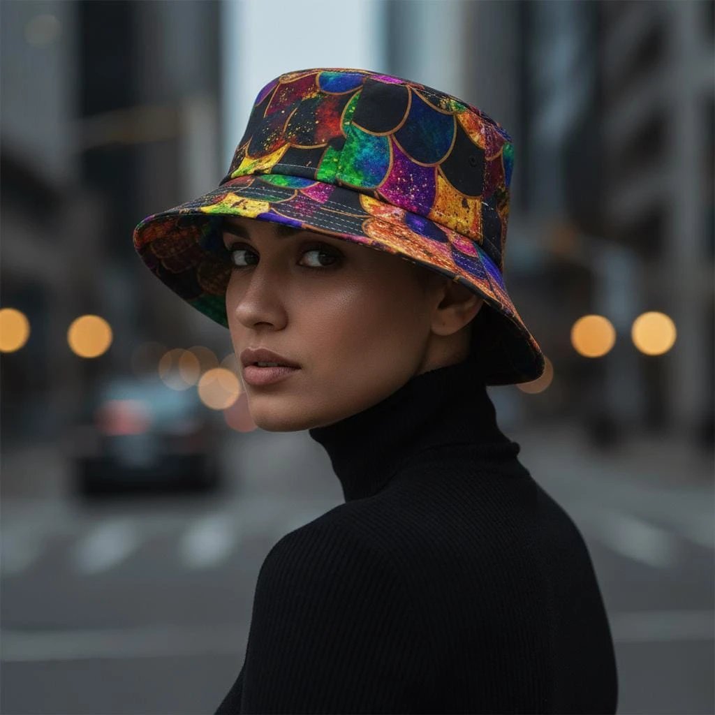 Maximalist Zany-Stitch AOP Bucket Hat for Eccentric Sun-Seekers — Bold USA-Made Print, Color Pop Festival Headwear