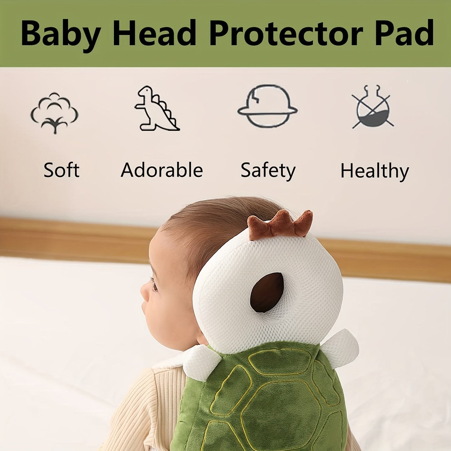 Green Turtle Anti-Collision Pillow for Toddlers, Cute Design TJR7X3H