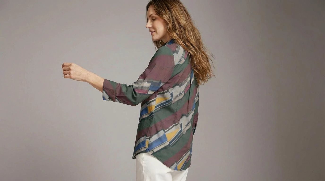 Modern Abstract Geometric Brushstroke Blouse for Earthy Jewel Tone Dressers — Dyles Mavis AOP Acid Marble Top, Chaos-Core Liquid Stretch Fashion