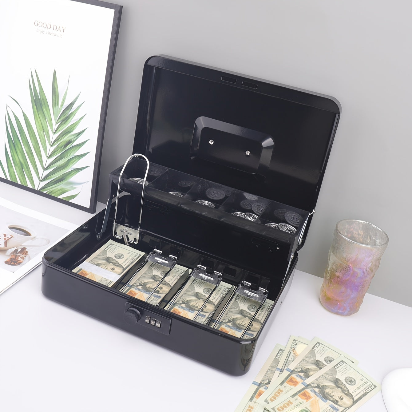 Large Portable Metal Cash Box with Lock & Tray TJR6H3S