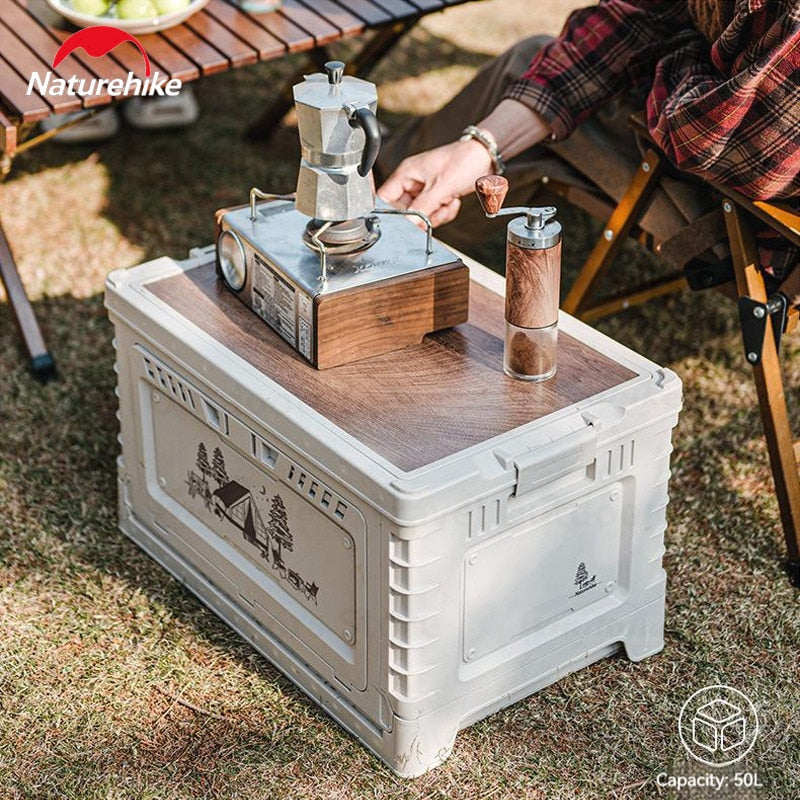 Naturehike Multi-Functional Camping Storage Box 25L / 50L Outdoor PP 2 Door Optional + 5L / 10L Compartment Wood Tabletop up to 150kg Stacking Table