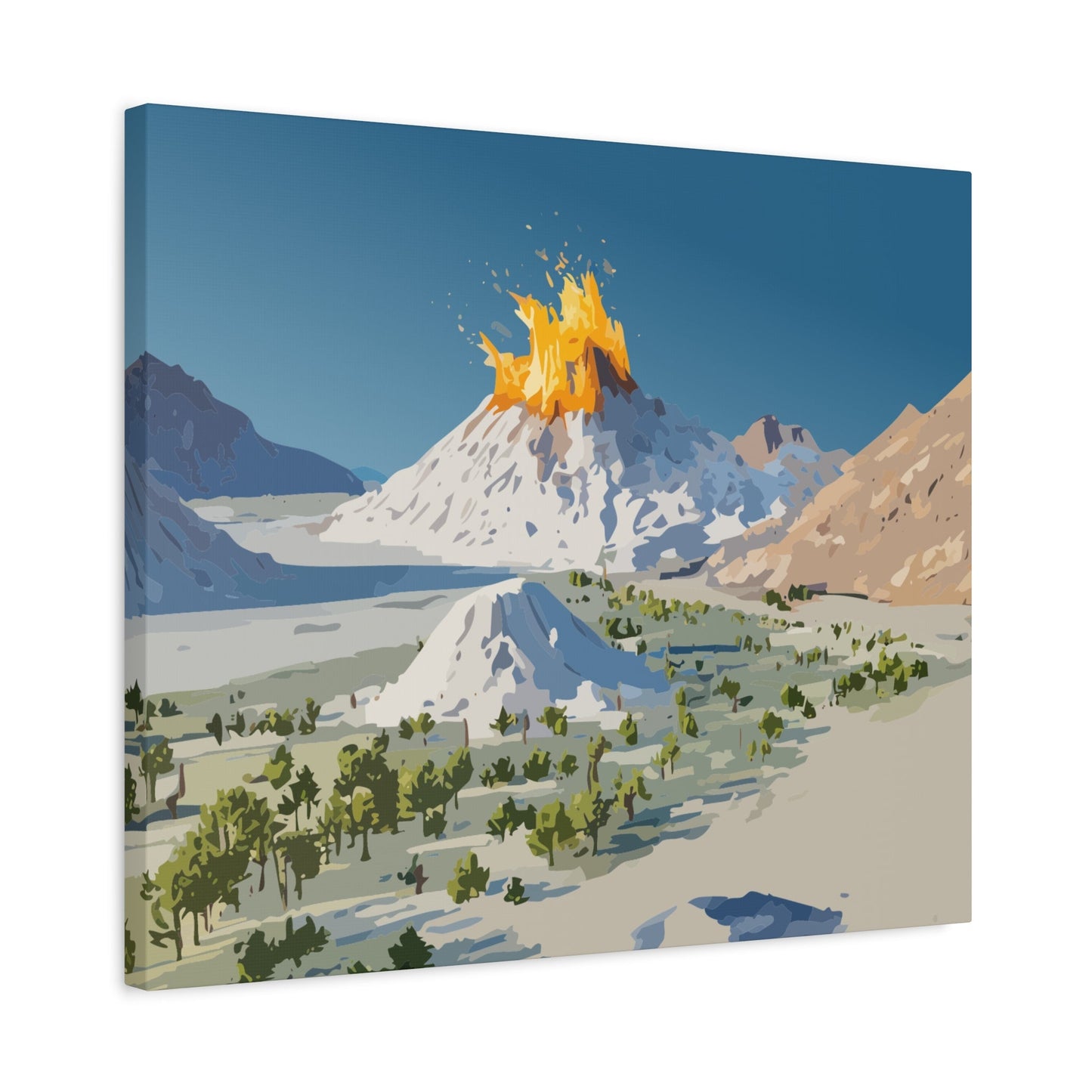 Tropical Volcano Eruption Canvas Wall Art | Stylized National-Park Vector Print on FSC-Certified Stretched Matte Canvas — Mystery Island Decor