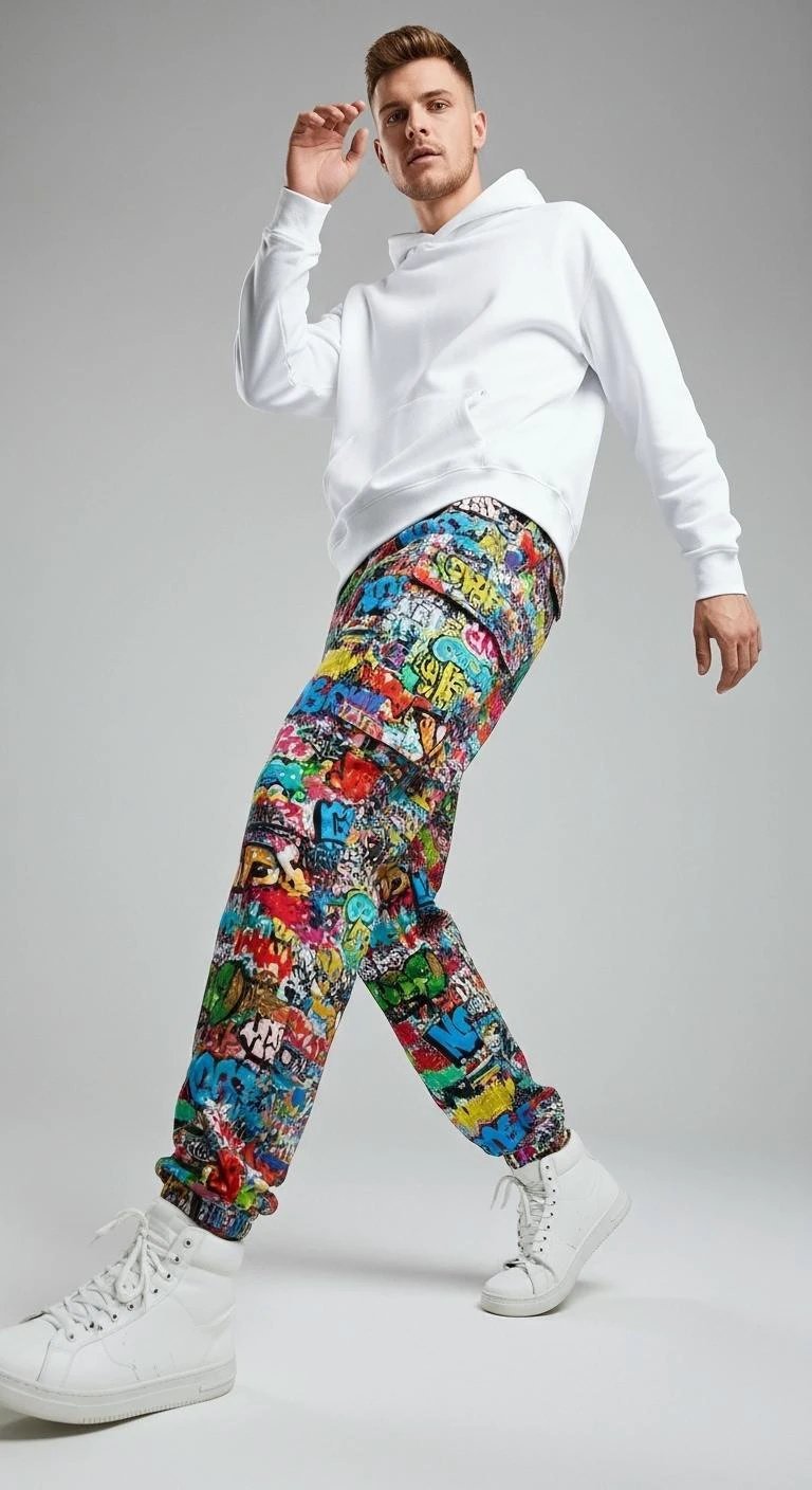 Graffiti AOP Cargo Pants for Urban Explorers — Abstract Splatter Utility Trousers, Cybercore Streetwear Bottoms, Festival Rave Pants